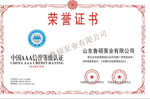消防泵魯碩泵業(yè)榮譽資質